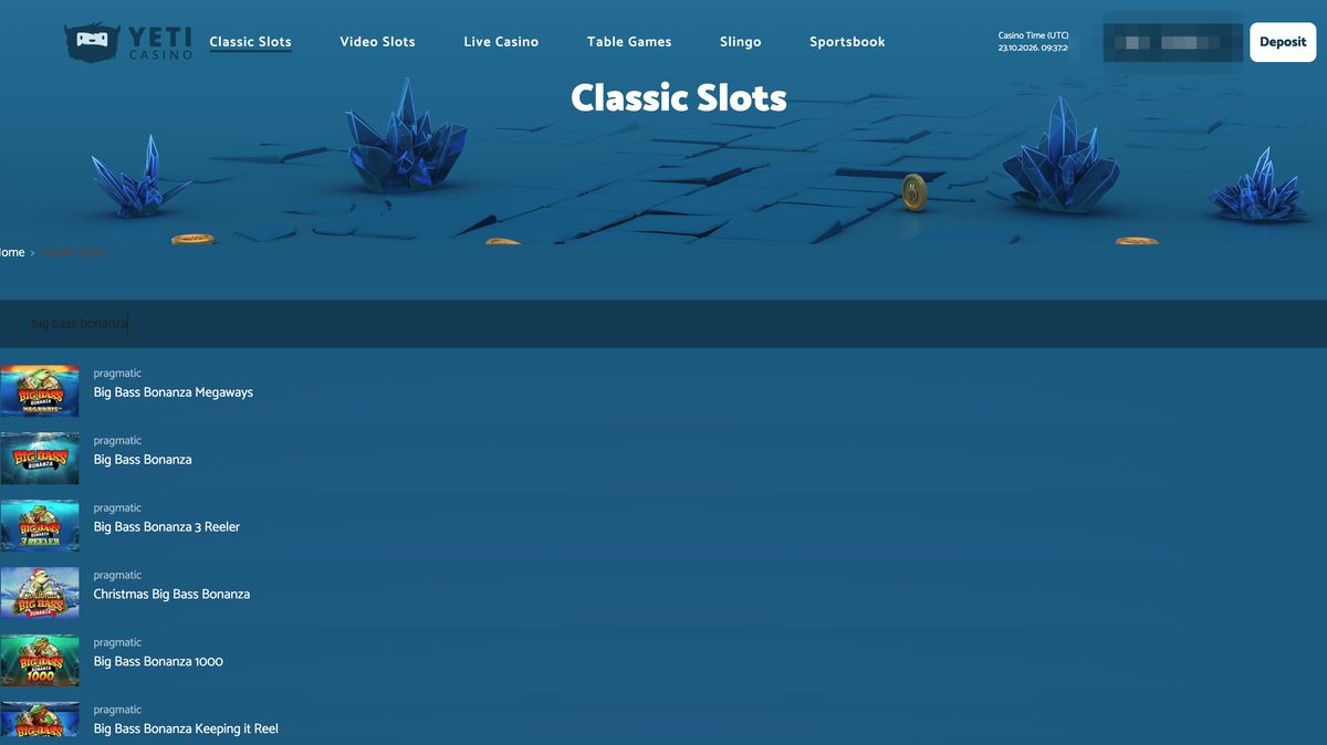 Yeti Casino desktop game search with big bass bonanza typed in dark text that is hard to read, above the Big Bass Bonanza results
