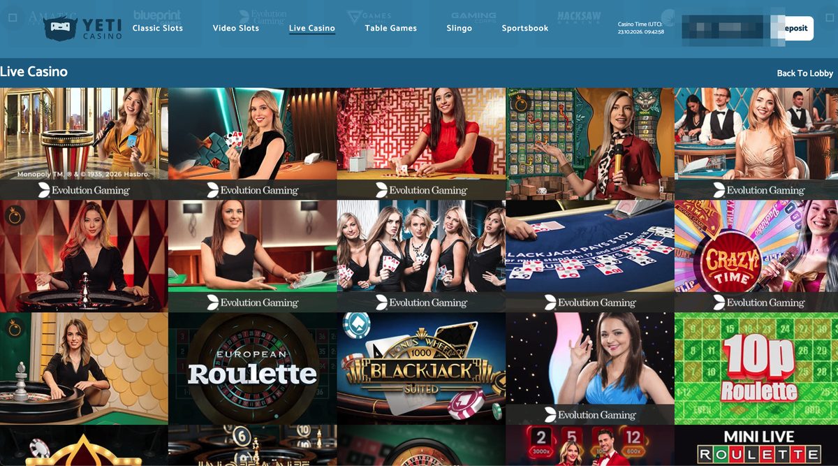 Yeti Casino live casino lobby with Evolution tables including Crazy Time, plus 10p Roulette and Mini Live Roulette