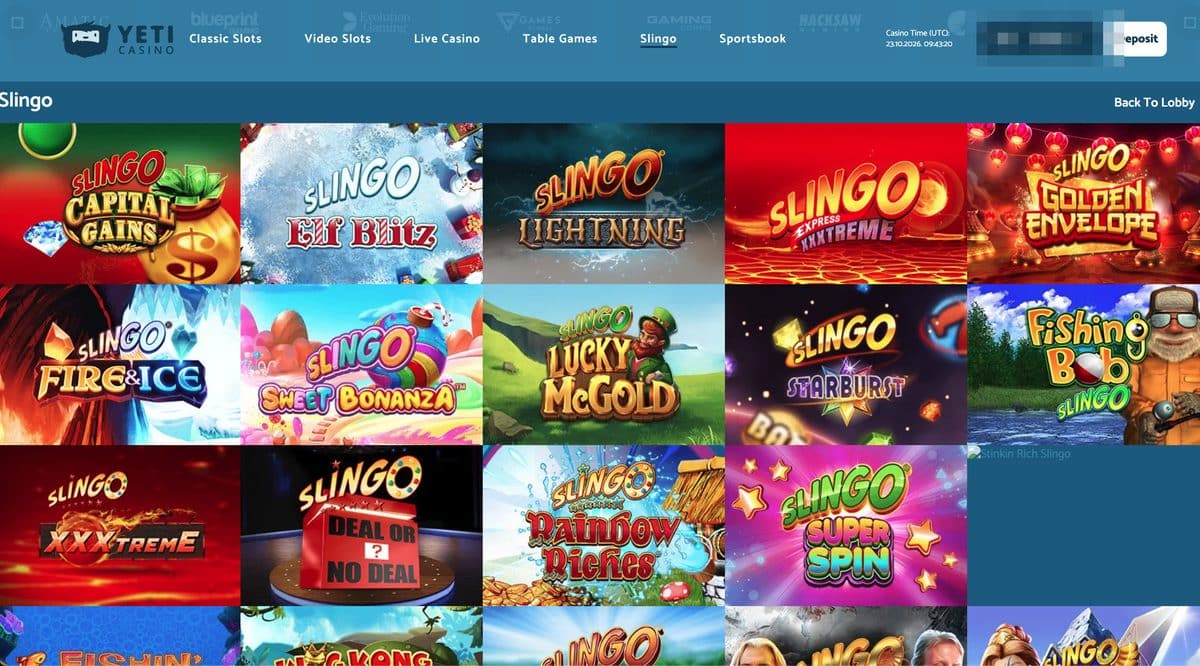 Yeti Casino Slingo lobby with Slingo Capital Gains, Slingo Lightning, Slingo Sweet Bonanza, Slingo Starburst and Slingo Rainbow Riches