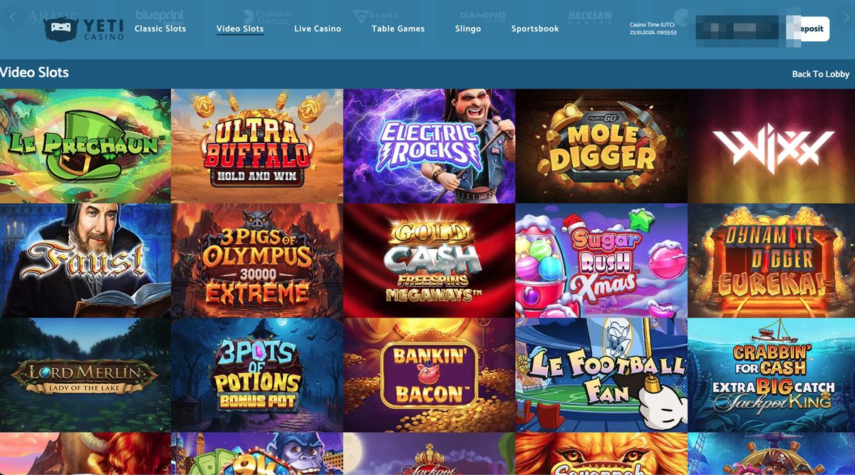 Yeti Casino Video Slots lobby with Le Prechaun, Ultra Buffalo, Electric Rocks, 3 Pigs of Olympus 30000 Extreme and Crabbin for Cash Extra Big Catch Jackpot King