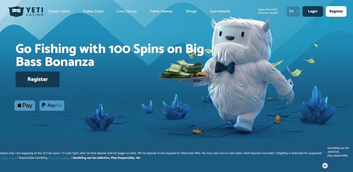 Yeti Casino homepage on a UK connection showing the welcome offer of 100 spins on Big Bass Bonanza, with the 23 free spins and 77 cash spins terms below